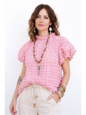 THML Pink Smocked Bubble Poof Sleeve Top Womens S Princess Cottage Artsy Boho